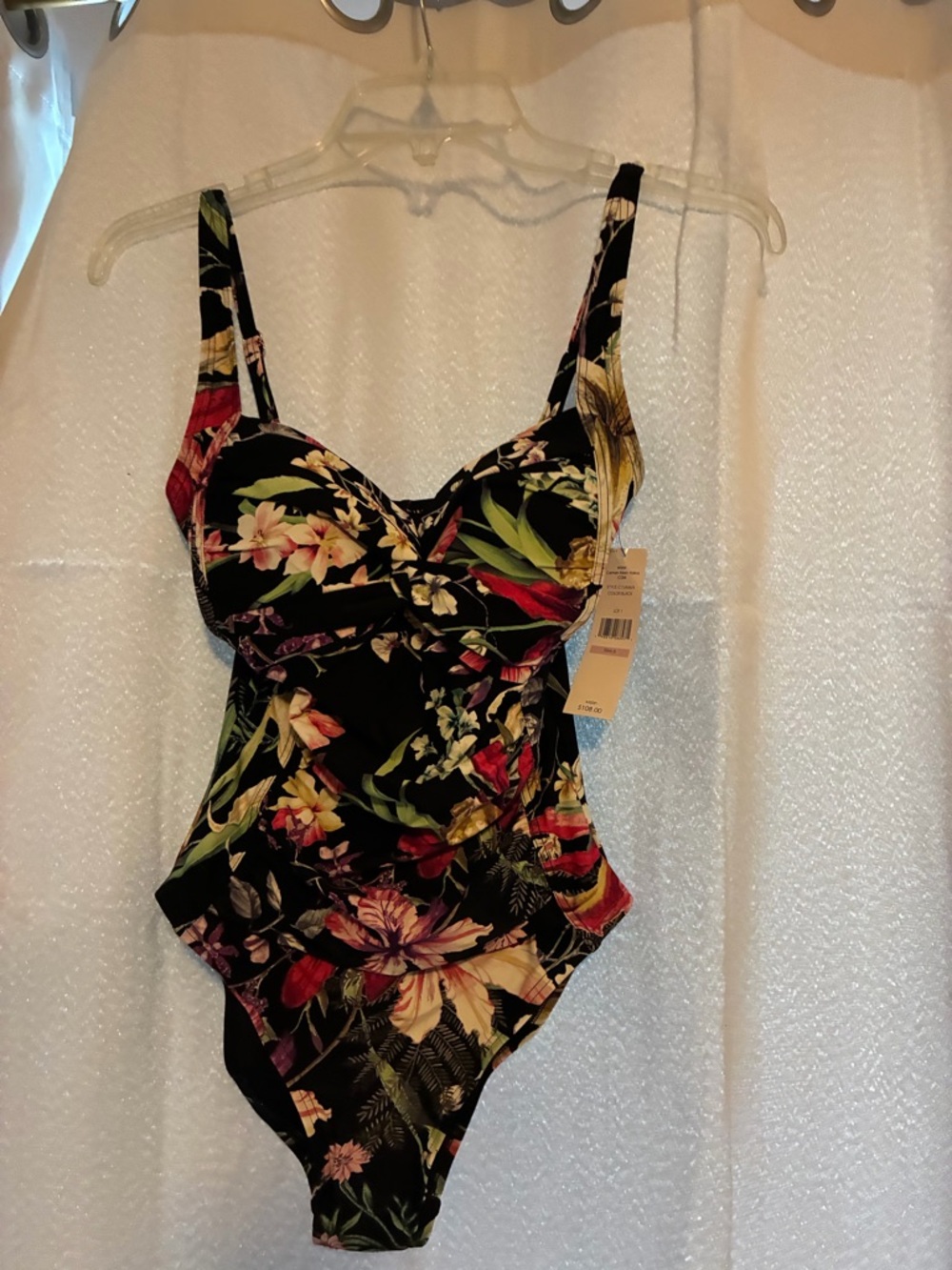 Carmen Marc Valvo Black Floral Ladies One-Piece Swimsuit with Multicolor Blooms